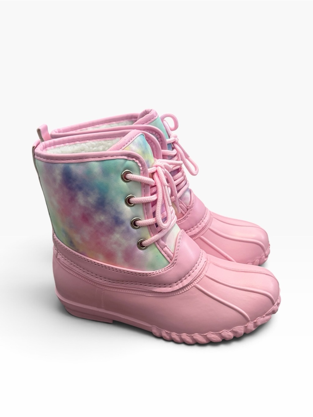 NEW Fabkids Rainbow Tie Dye Duck Sherpa Lined Snow Boots, Kids Size 12